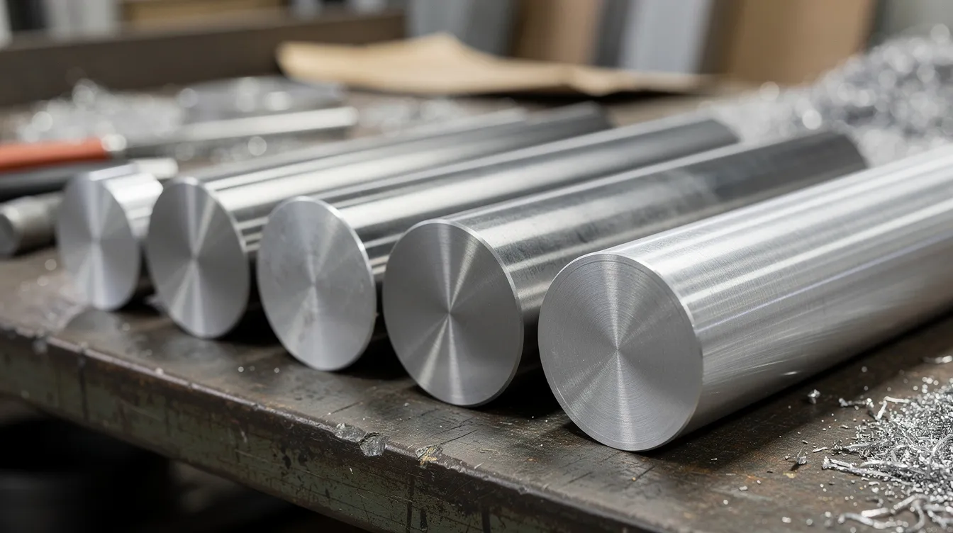 The image shows raw titanium and aluminum alloy billets neatly arranged on a workshop table, highlighting the advanced materials used in aerospace manufacturing. These billets are essential for creating precision machined components and complex aerospace parts through various CNC machining processes.