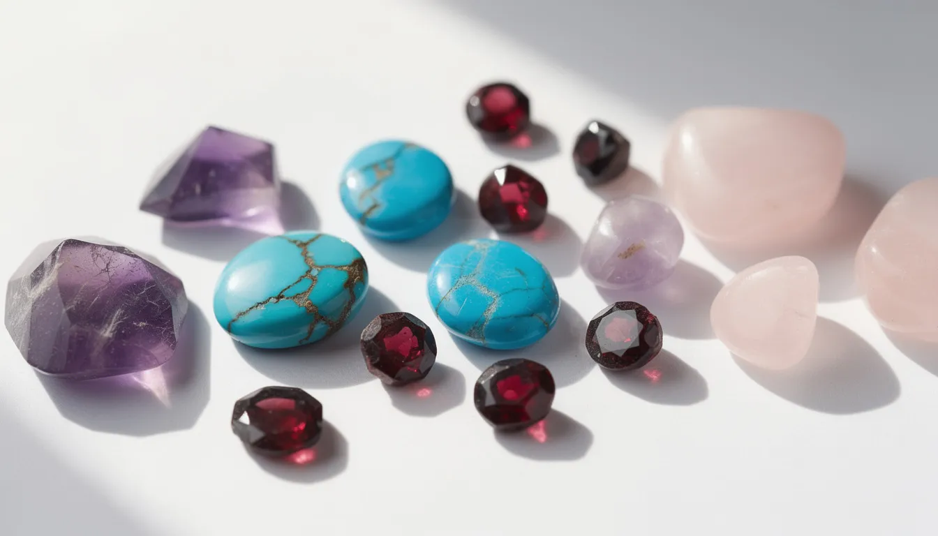 An arrangement of loose gemstones featuring purple amethyst, blue turquoise, deep red garnet, and pale pink rose quartz is displayed on a white surface. These beautiful gemstones showcase a variety of colors and shapes, reflecting light and highlighting their unique qualities.