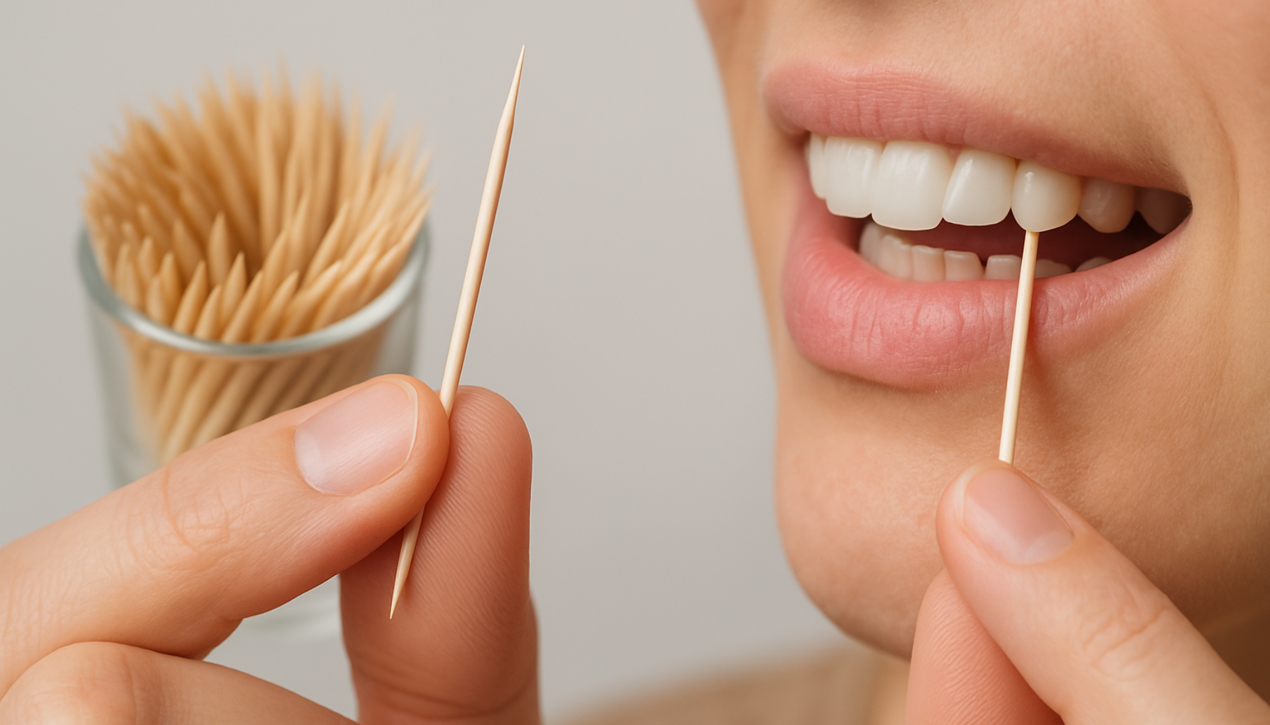Person bruker tannpirker for å rense mellom tennene, med fokus på munnhelse og forebygging av tannproblemer.