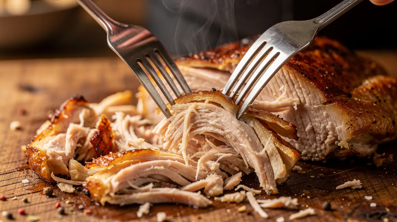 Auf einem Holzbrett wird Pulled Chicken mit zwei Gabeln zerzupft. Das zarte Hähnchenfleisch eignet sich hervorragend für gesunde Fitnessrezepte und kann in verschiedenen Gerichten wie Wraps oder Salaten verwendet werden.