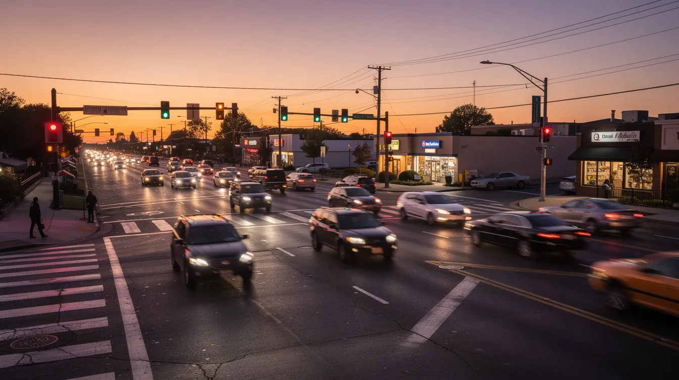 The image depicts a busy suburban intersection at dusk, with traffic signals illuminating the scene as vehicles turn in various directions. This bustling area highlights the importance of having a car accident attorney in Castle Rock, especially for those involved in accidents at such busy local roads.