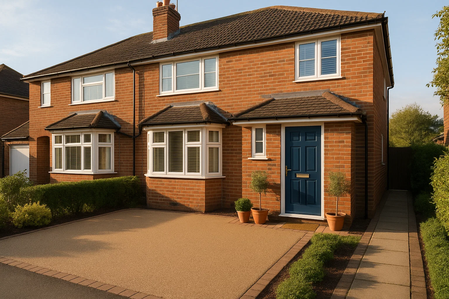 Kerb appeal of a UK home with a clean resin driveway, fresh front door paint, and tidy garden paths.