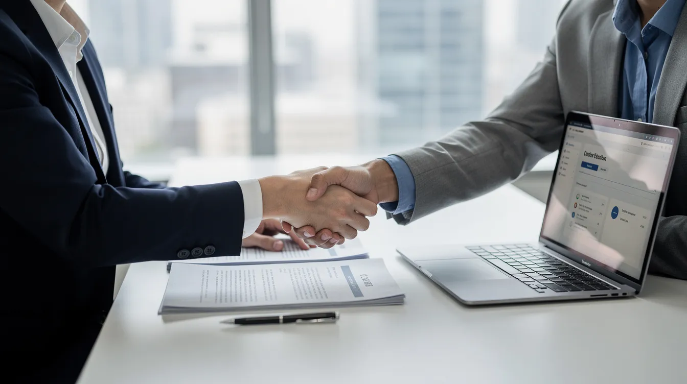The image shows two individuals shaking hands across a desk, symbolizing a business agreement, with a laptop and various documents, including bank statements and proof of identity, visible in the foreground. This scene reflects the process of applying for personal loans, such as mudra loans, where applicants must submit essential documents required by banks.