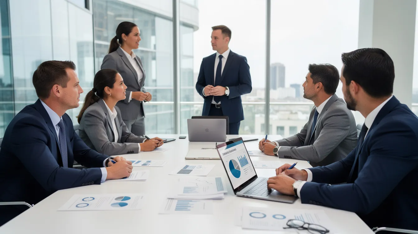 Des professionnels sont réunis autour d'une table de réunion, échangeant des idées sur le développement d'affaires, tout en consultant des documents et un ordinateur portable. Cette scène illustre l'importance de la stratégie commerciale et des actions collaboratives pour atteindre les objectifs de croissance d'une entreprise.