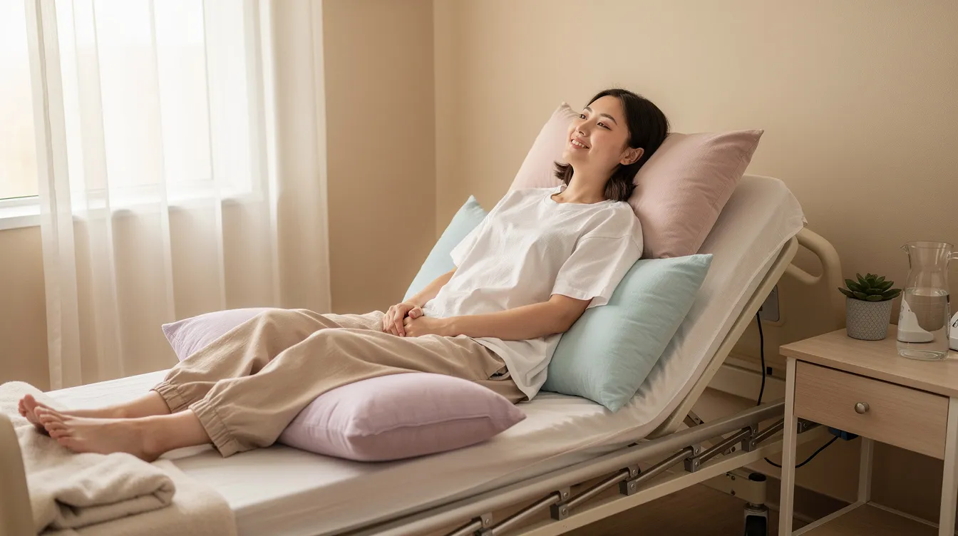 The image depicts a comfortable recovery room setup featuring supportive pillows and loose-fitting clothing, ideal for patients undergoing a Brazilian butt lift surgery. This serene environment aids in the bbl recovery process, ensuring comfort during the healing period.