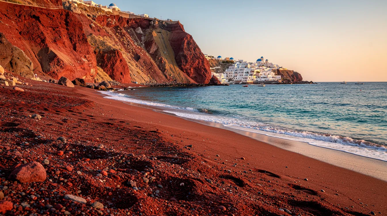 A imagem mostra uma praia de areia vermelha em Santorini, na Grécia, com águas cristalinas do mar Egeu ao fundo. A paisagem é marcada por formações rochosas e a beleza natural típica das ilhas gregas, criando um cenário ideal para quem busca destinos de viagem únicos e experiências inesquecíveis.