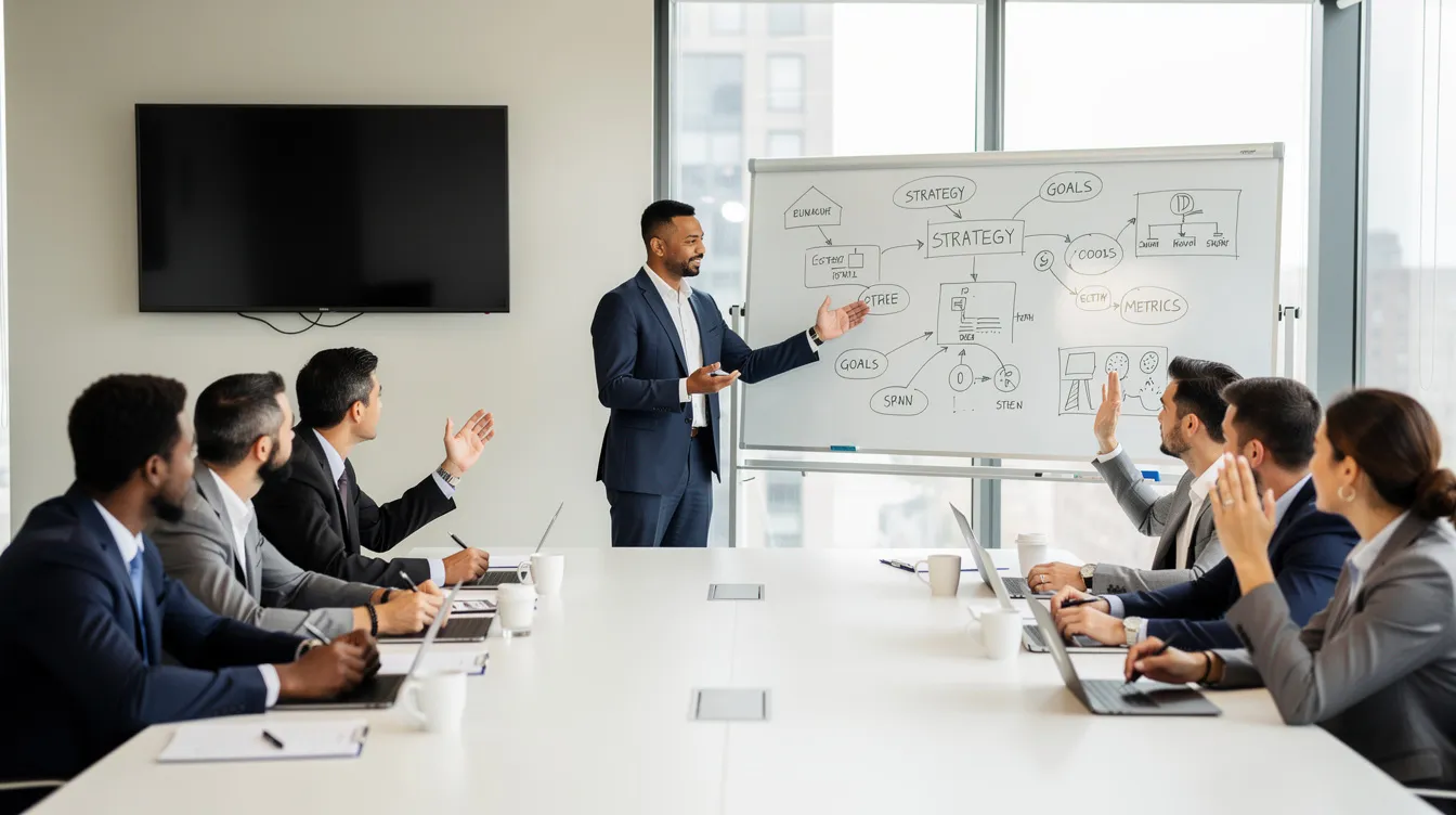 The image depicts a group of professionals attentively engaged in a training session, with a presenter at a whiteboard explaining concepts related to artificial intelligence and its applications in business. The setting emphasizes collaboration and knowledge sharing, highlighting the importance of informed decision-making and compliance in the use of AI technologies.