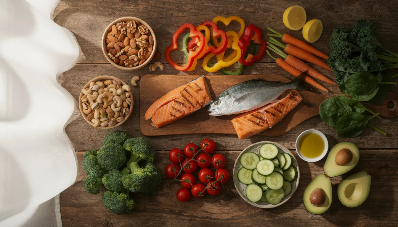 The image features a variety of healthy foods, including nuts, oily fish, and colorful vegetables, beautifully arranged on a wooden table, promoting a balanced diet that supports heart health, brain function, and overall well-being. This assortment reflects the benefits of a varied diet, essential for healthy ageing and reducing disease risk.
