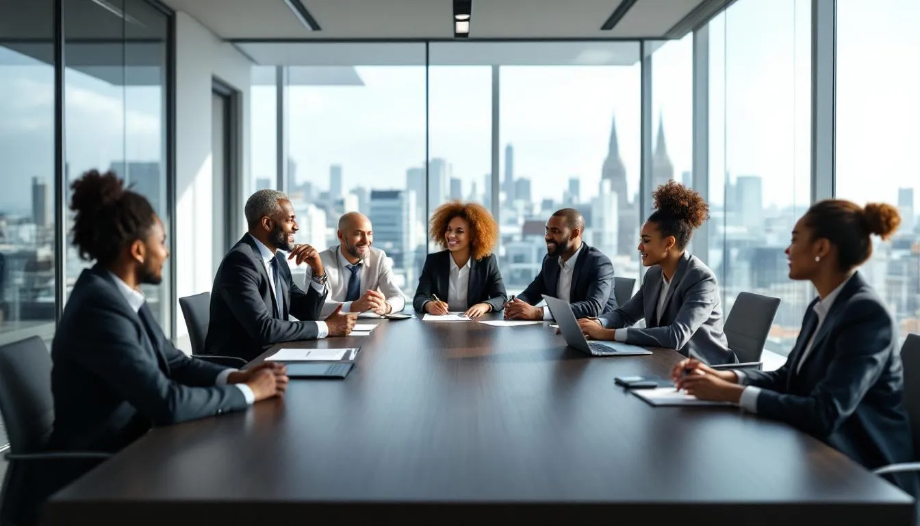 A diverse business team is gathered in a modern conference room with large windows that showcase a vibrant European cityscape, creating an ideal setting for productive meetings and team building activities. The contemporary space is equipped with modern amenities, making it perfect for corporate retreats and events in Poland.