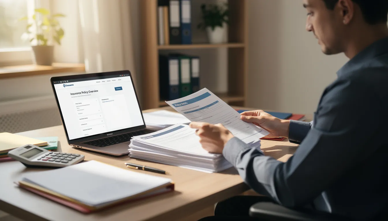 A person is organizing various insurance documents and paperwork while a laptop is open, possibly reviewing insurance policies or preparing for an appointment with an insurance broker. The scene suggests a focus on details and processes related to securing competitive prices and cover for clients' needs.