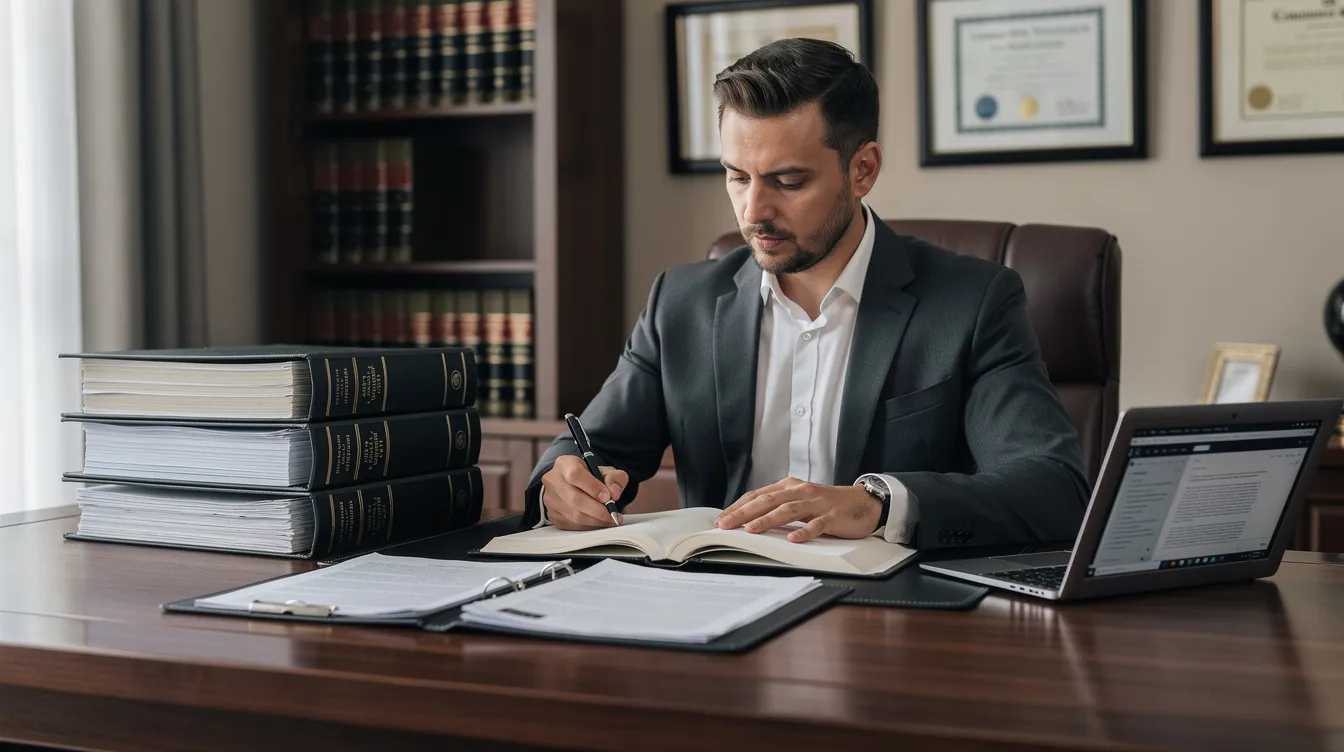 An attorney sits at a professional desk, meticulously reviewing case documents related to a medical malpractice claim. The scene conveys a sense of diligence and expertise, highlighting the importance of legal representation in navigating the complexities of medical malpractice cases and ensuring fair compensation for clients.
