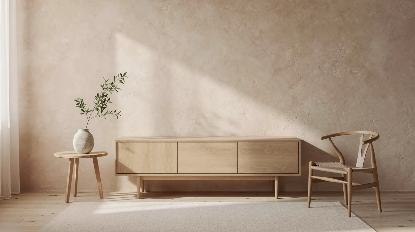 The image features a warm, textured wall finished with matte venetian plaster, complemented by natural wood furniture that enhances the rustic elegance of the space. Soft daylight filters in, illuminating the rich color variations and creating a cozy atmosphere.