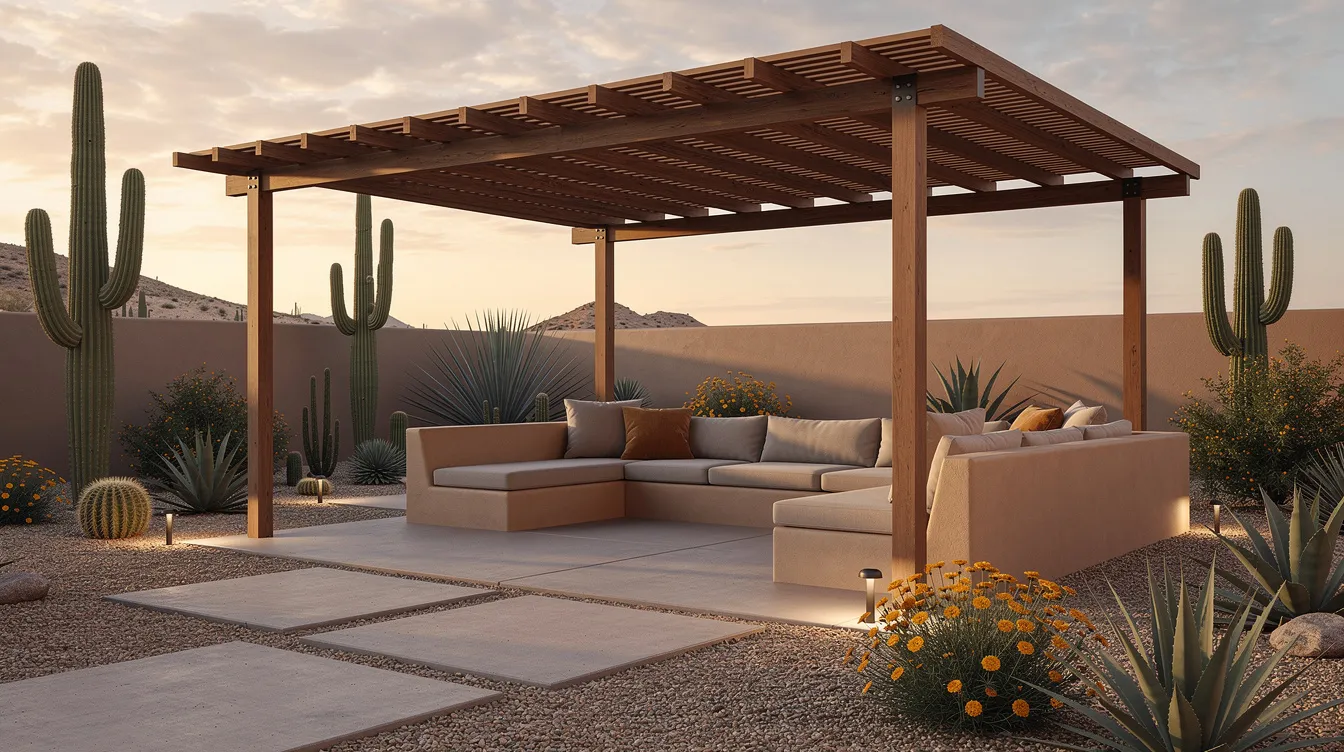 A desert backyard patio features a covered ramada shade structure and built-in seating area, surrounded by native desert plants that enhance the landscaping. The hardscaping elements, including pavers and concrete surfaces, create a functional and aesthetically pleasing outdoor space in Phoenix, Arizona.