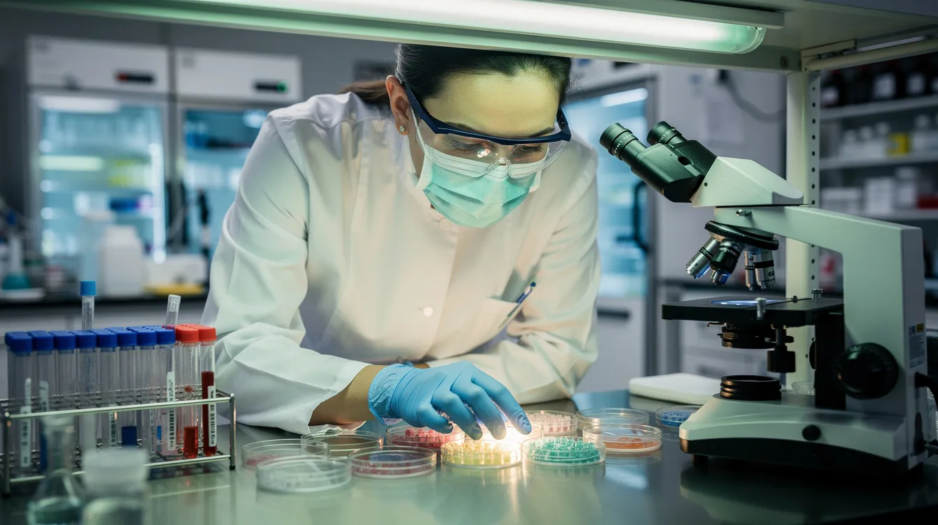 A laboratory researcher is closely examining biological samples under bright fluorescent lighting, focusing on the effects of glynac supplementation on mitochondrial function and oxidative stress in aged mice. The setting reflects a clinical and translational research environment, highlighting the importance of understanding aging hallmarks and cognitive health in older adults.