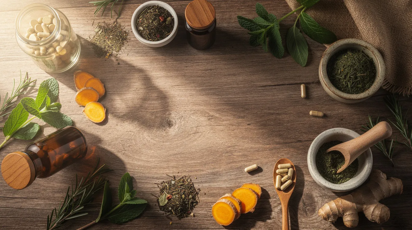 The image features a variety of herbal supplements and botanical ingredients, such as horny goat weed and tribulus terrestris, artfully arranged on a rustic wooden surface. These natural products are often associated with male enhancement and may support increased blood flow, making them popular alternatives to prescription medications for erectile dysfunction.