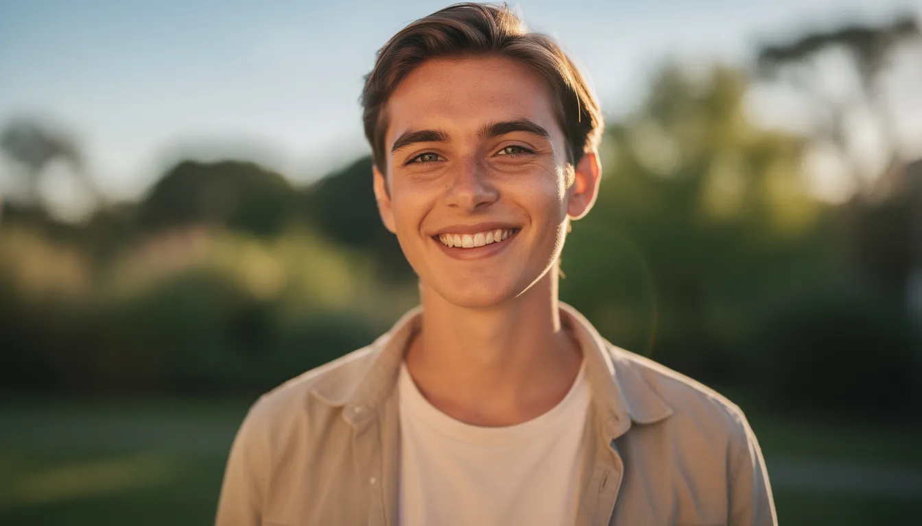 The image shows a person outdoors, smiling confidently with bright white teeth, reflecting the positive outcomes of cosmetic dentistry procedures. Their beautiful smile suggests excellent oral health, likely enhanced by treatments such as professional teeth whitening or dental veneers.