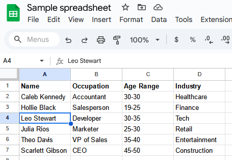 A screenshot of a Google Sheets spreadsheet with a row selected.