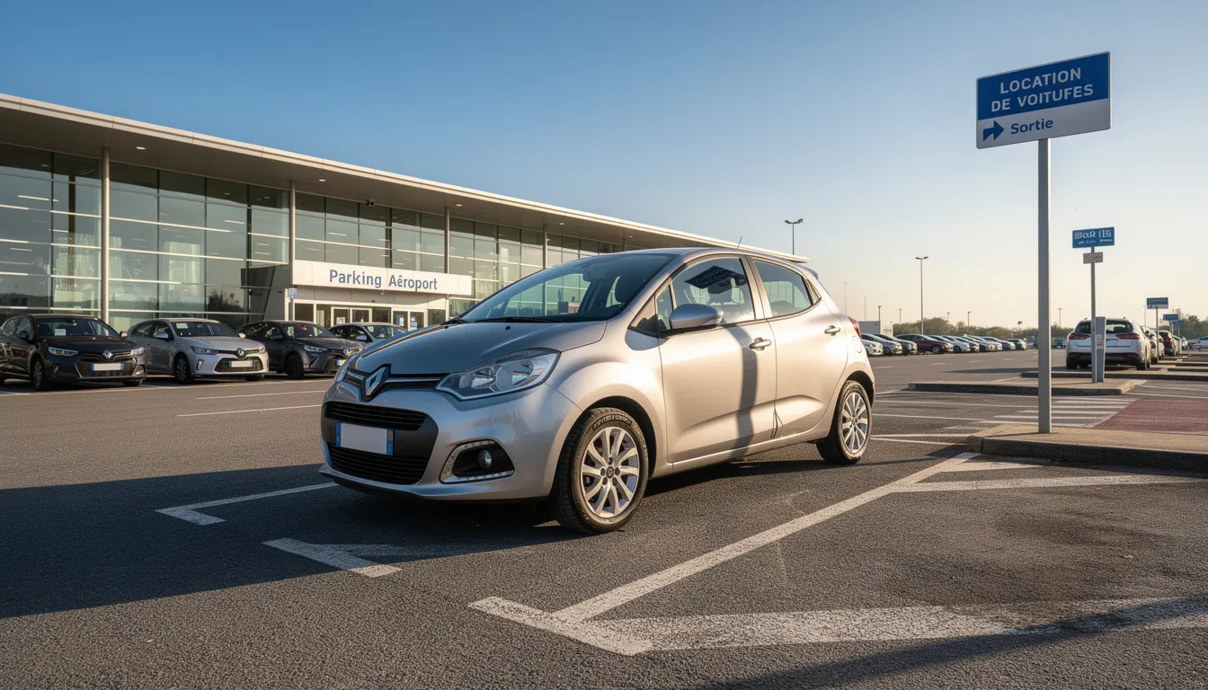 Une voiture de location est garée sur un parking d'aéroport ensoleillé, entourée de plusieurs autres véhicules. Cette image évoque la facilité de louer une voiture pour des vacances ou des déplacements professionnels.