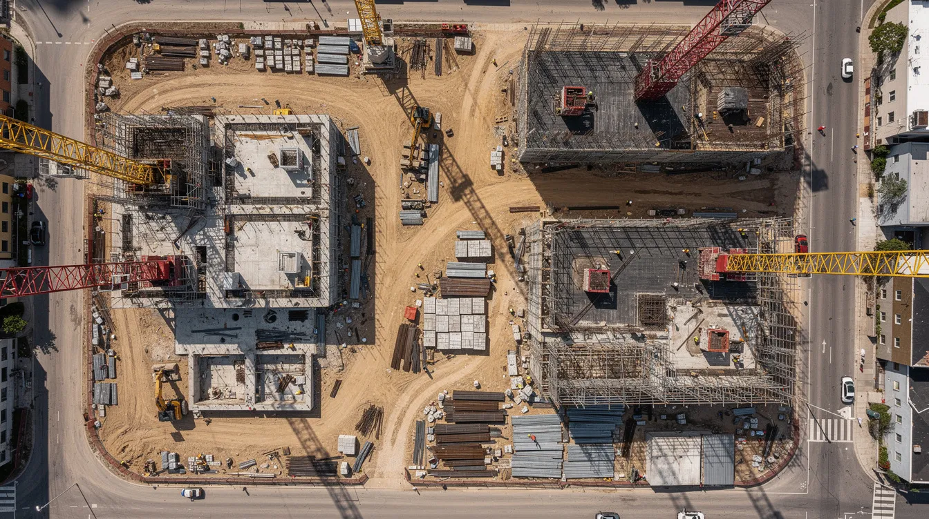 An aerial view captures a bustling construction site featuring multiple buildings under development, with cranes and scaffolding prominently visible. Construction workers are seen navigating the job site, emphasizing the importance of construction safety and the use of personal protective equipment to enhance worker safety in this dynamic environment.