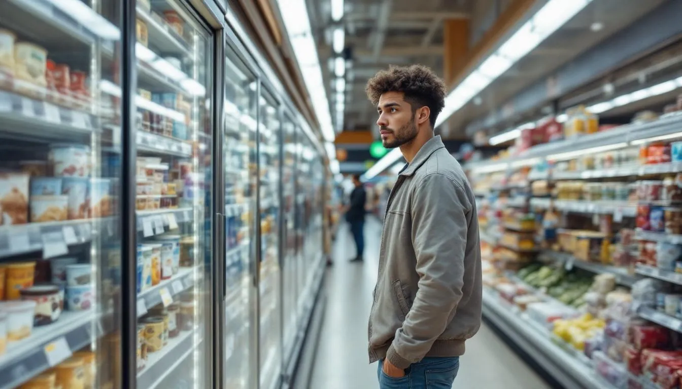 A person stands in the frozen cream aisle of a grocery store, gazing at various ice cream options with a thoughtful expression, as if contemplating whether to indulge in the keto ice cream brands or stick to their low carb diet. The shelves are lined with colorful ice cream pints, including options like chocolate and birthday cake, while the individual appears hesitant about the sugar alcohols and total carbohydrates in regular ice cream.