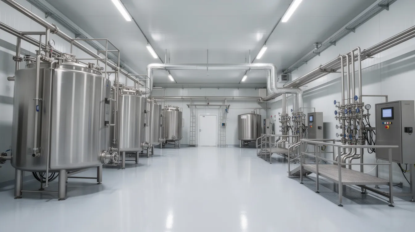 The image depicts the interior of a modern stainless steel dairy processing facility, showcasing large tanks and intricate piping systems essential for the ghee manufacturing process. This advanced setup highlights the efficiency and scale of operations within the ghee manufacturing plant, reflecting industry trends in the food processing industry.