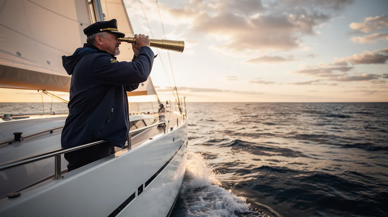 Un capitaine de navire, vêtu d'un uniforme maritime, observe l'horizon avec une longue-vue depuis la proue d'un voilier moderne. Cette image évoque une stratégie d'entreprise réfléchie, où le chef d'entreprise scrute les opportunités à venir, tel un leader en quête de nouveaux marchés.