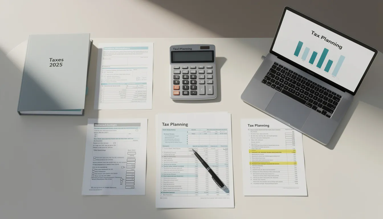 The image depicts a calculator alongside various financial documents, illustrating the concept of tax planning essential for retirement investors. These documents likely include tax returns and investment strategies aimed at maximizing retirement savings and ensuring financial security.