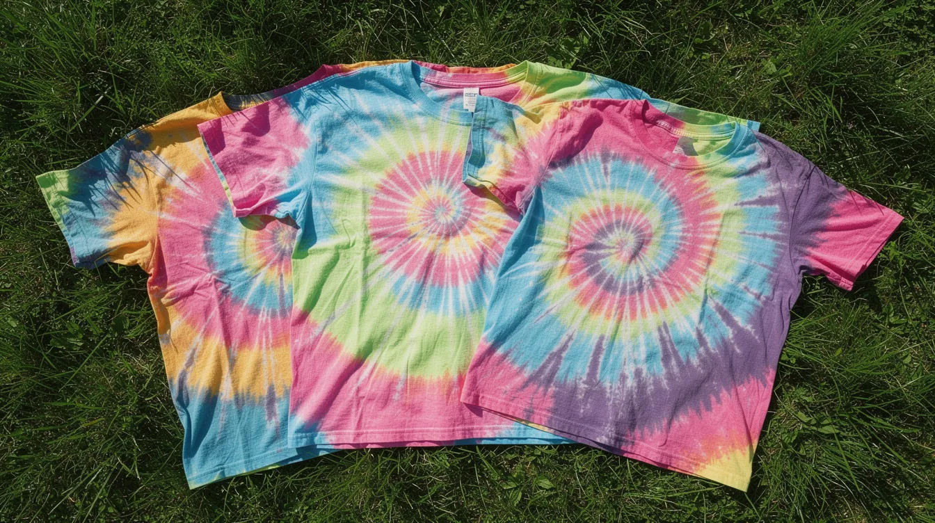 A vibrant array of tie-dyed t-shirts in various colors is laid out on lush green grass, basking in bright sunlight. The scene captures the fun and creativity of a tie dye party, showcasing the unique patterns and designs created by applying dye to the cotton fabric.