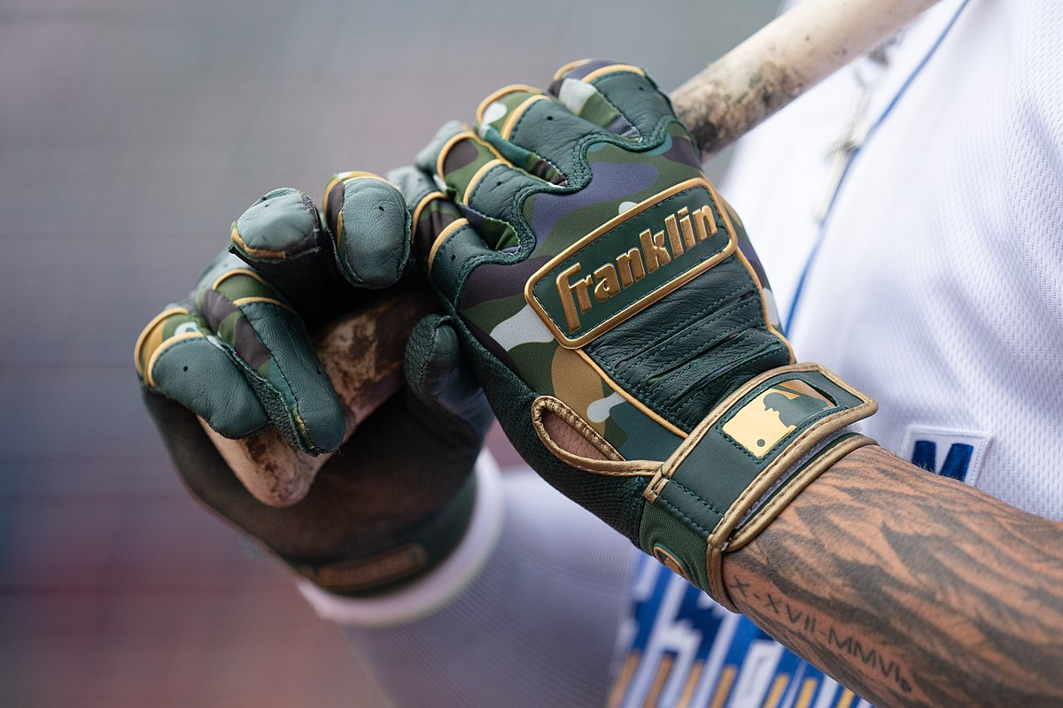 A pair of Franklin Sports MLB batting gloves with leather palms and shock absorption