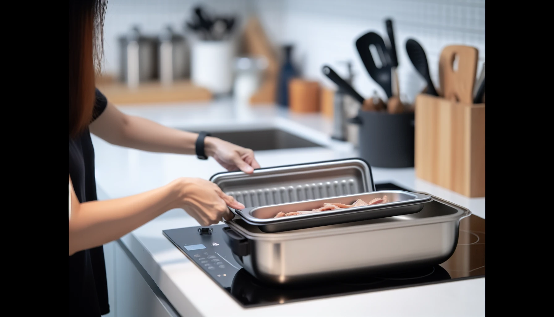 Transferring thawed food from tray to pan