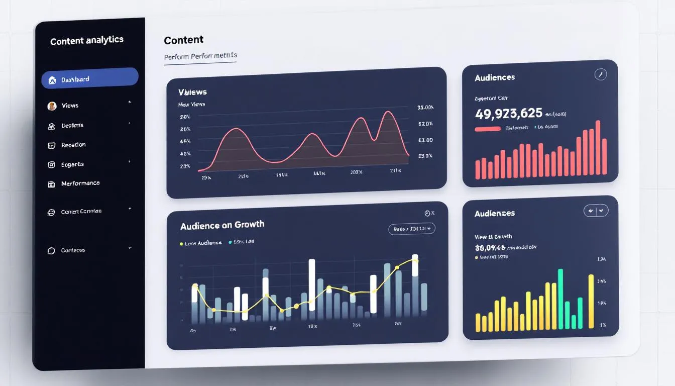 An analytics dashboard is displayed, showcasing various content performance metrics such as growth charts for blog posts and social media posts across multiple platforms. It highlights the effectiveness of a content marketing strategy, emphasizing the value of repurposing existing content to engage target audiences.