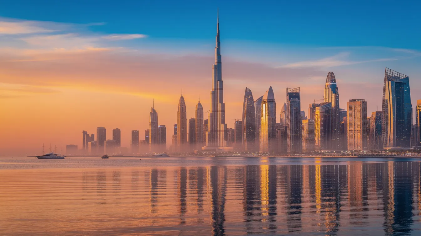 The image depicts the stunning Dubai skyline, featuring modern skyscrapers that reflect the vibrant colors of the sunset over the water, creating a picturesque scene. This iconic view showcases Dubai's architectural marvels, symbolizing the city's growth and financial prominence in the region.