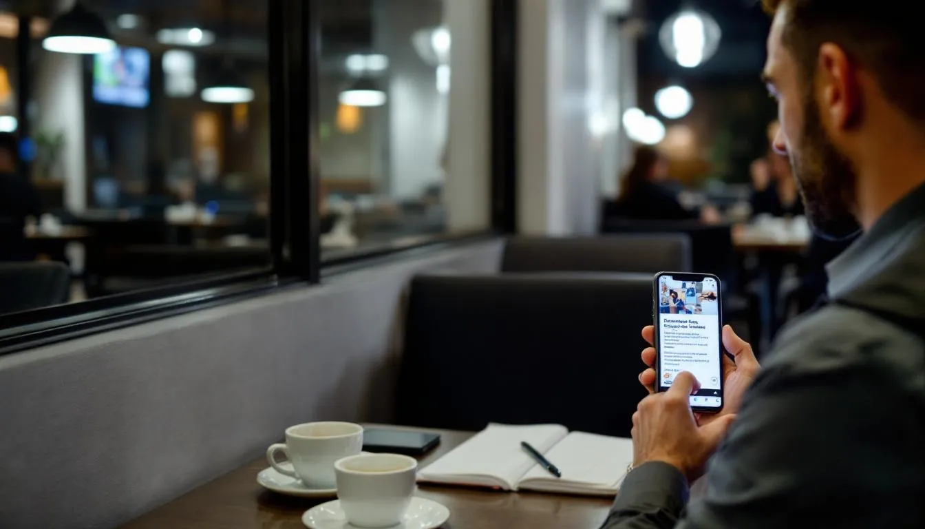 A restaurant server is intently watching a training video on his phone, focusing on essential skills for delivering exceptional service, including menu knowledge and proper training procedures. This moment highlights the importance of effective training programs in ensuring new hires are well-prepared for their roles in the restaurant industry.