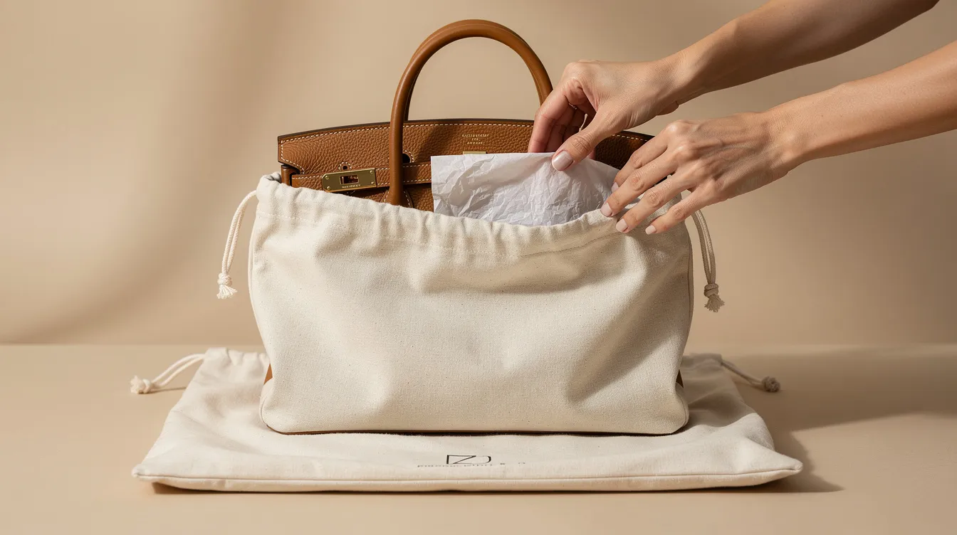 A designer leather handbag, possibly from luxury brands like Louis Vuitton or Chanel, is being carefully stored with tissue paper inside a soft cotton dust bag, reflecting the care taken in preserving authentic luxury items for personal style and circular fashion. This scene highlights the importance of maintaining quality in pre-loved fashion accessories.