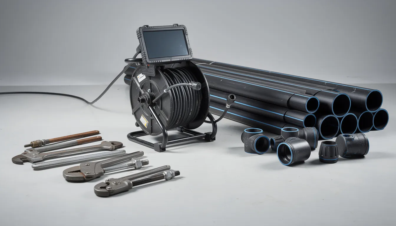 The image displays professional plumbing equipment, including advanced camera inspection gear and HDPE pipes, essential for trenchless sewer repair. This equipment is used to assess and replace existing pipes without traditional excavation methods, ensuring a more efficient and less disruptive sewer line installation.