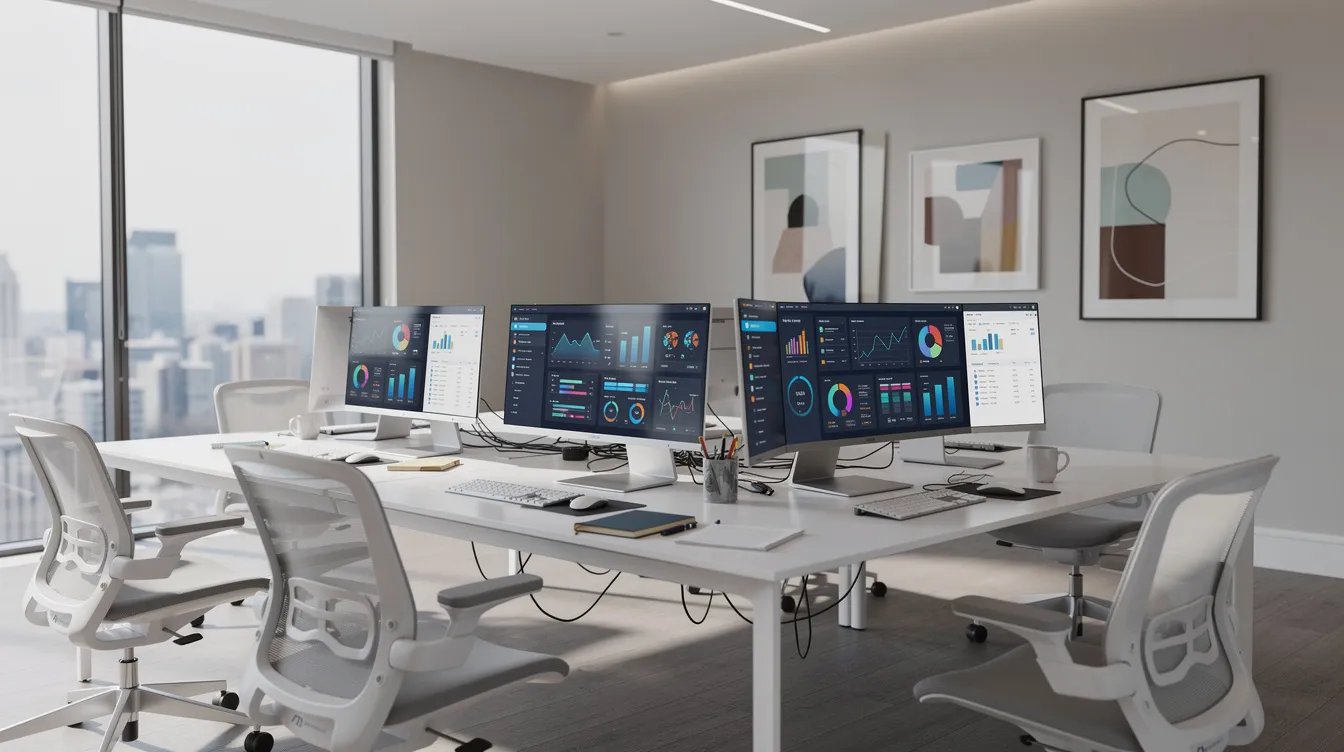 Modern office workspace with screens showing data dashboards and document workflows, emphasizing intelligent document processing.