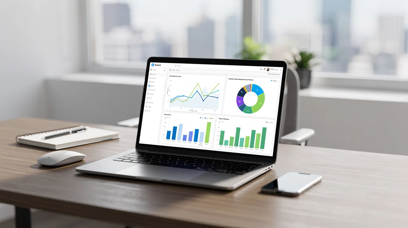 The image shows a modern office workspace featuring a laptop with a screen displaying colorful charts and graphs, representing complex data analytics and actionable insights. The setting suggests a focus on data management and analysis to support informed decision-making in a professional environment.