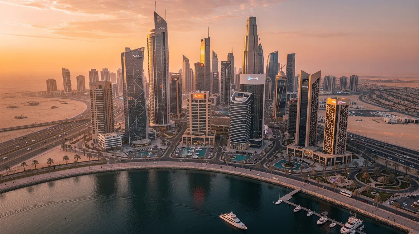 An aerial view captures a stunning modern skyline of a Middle Eastern city, featuring sleek glass skyscrapers and a waterfront, all bathed in the warm hues of sunset. This vibrant scene reflects the region's dynamic financial sector, home to top finance companies like the Saudi National Bank, known for their innovative investment solutions and robust financial management services.