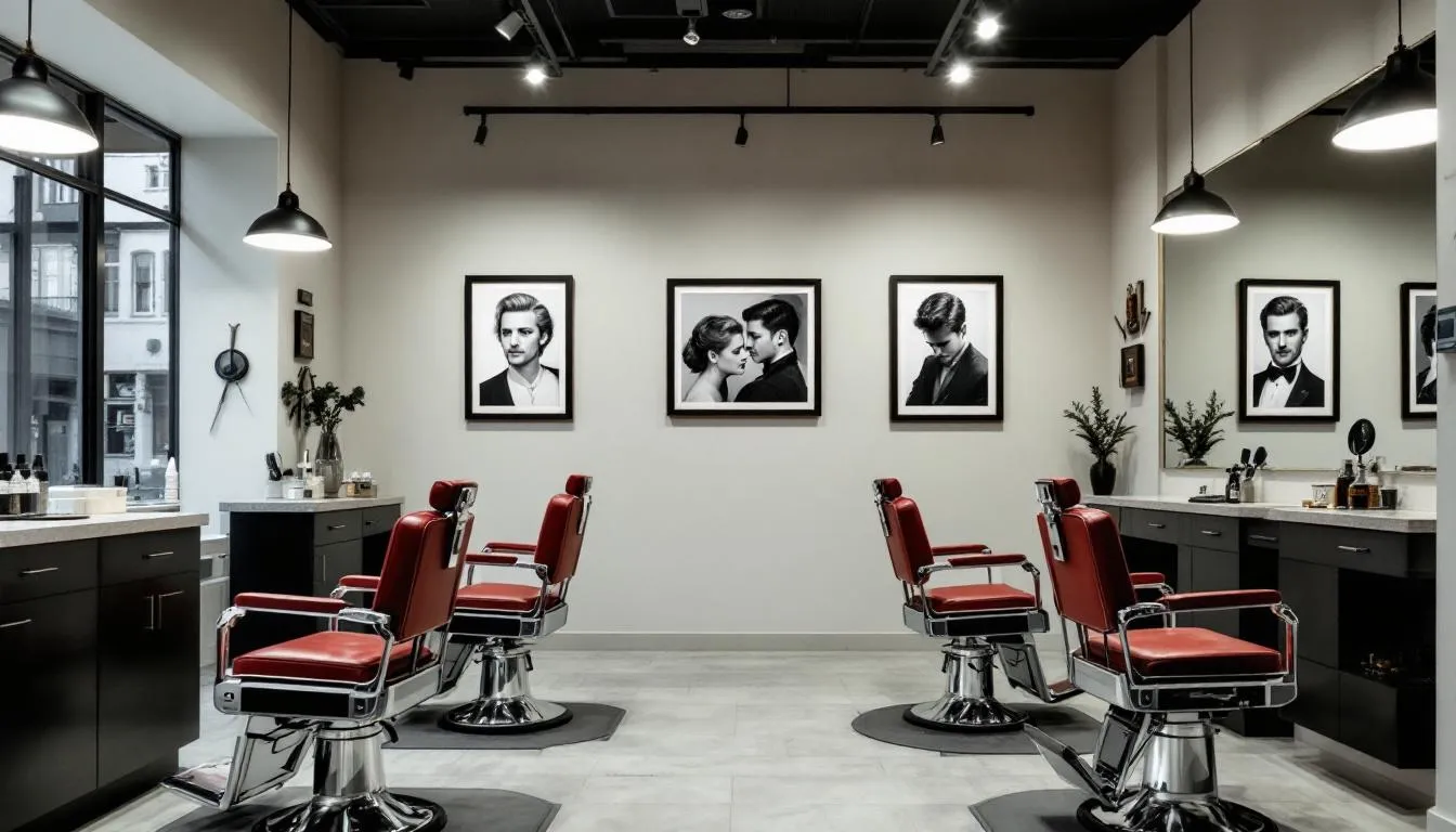 En la imagen se observa una barbería moderna con un ambiente elegante, donde se destacan sillas de barbero tradicionales. Los clientes disfrutan de servicios de cuidado personal, mientras que el espacio refleja un enfoque en la calidad y la experiencia del cliente.