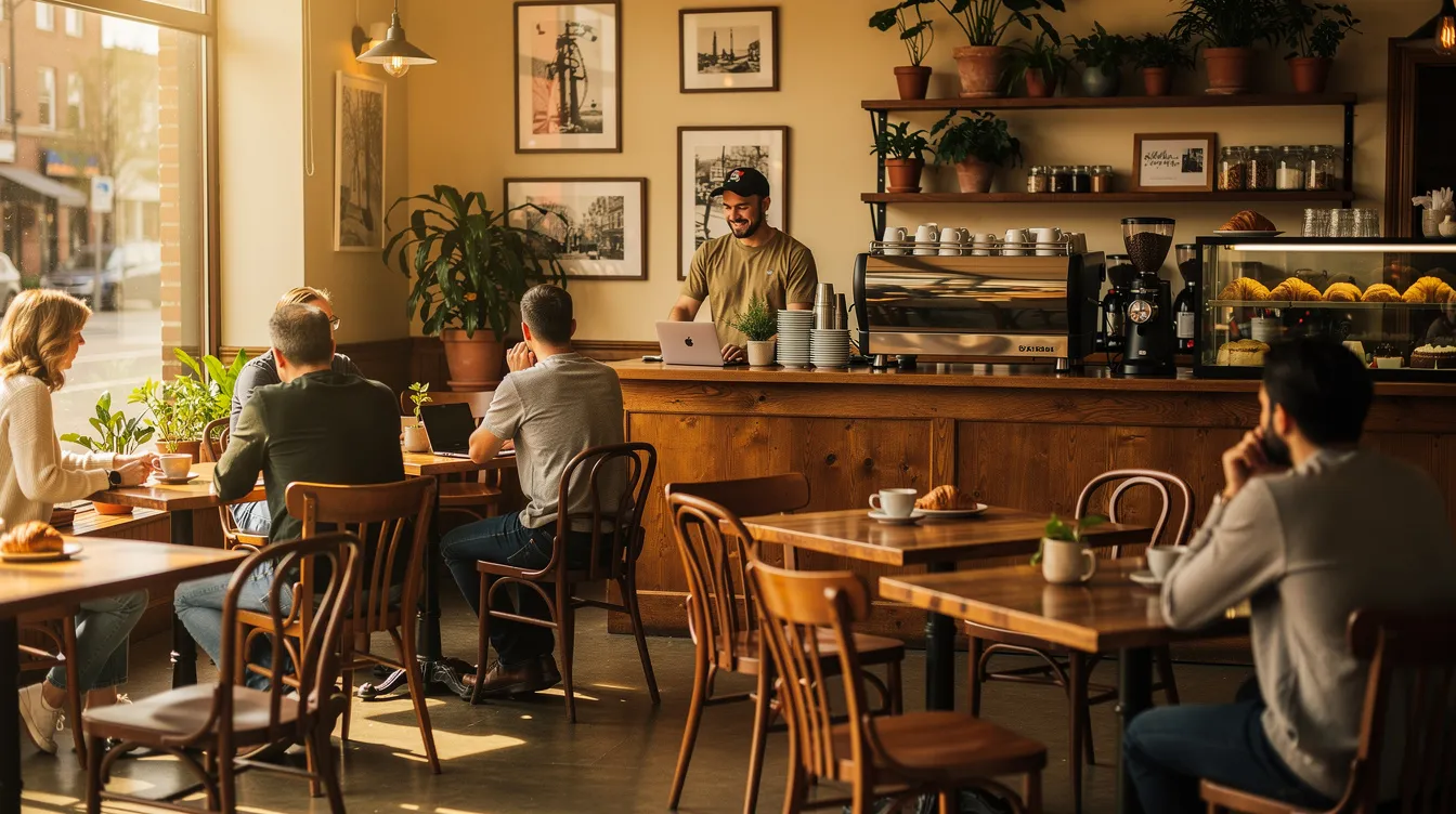 The image depicts a cozy local café interior filled with loyal customers enjoying their time at tables, while a barista provides excellent customer service behind the counter. This inviting atmosphere highlights the charm of small businesses and the importance of building relationships with both existing and new customers.