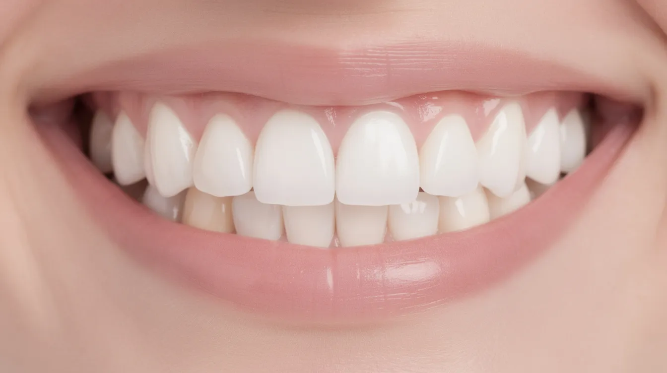 The image showcases a row of upper front teeth enhanced with porcelain veneers, presenting a symmetrical and radiant smile. This transformation reflects the benefits of cosmetic dentistry, offering an aesthetically pleasing smile that boosts self-confidence and overall oral health.