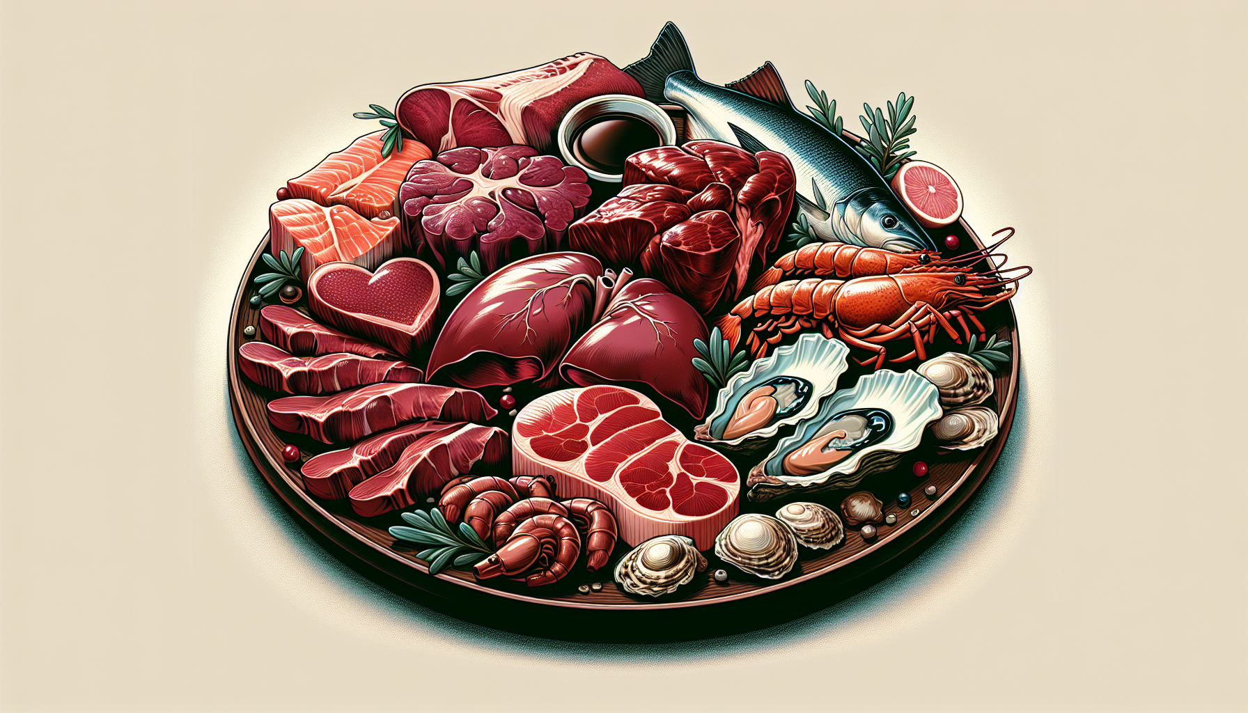 Nutrient-dense animal products such as organ meats and seafood on a plate