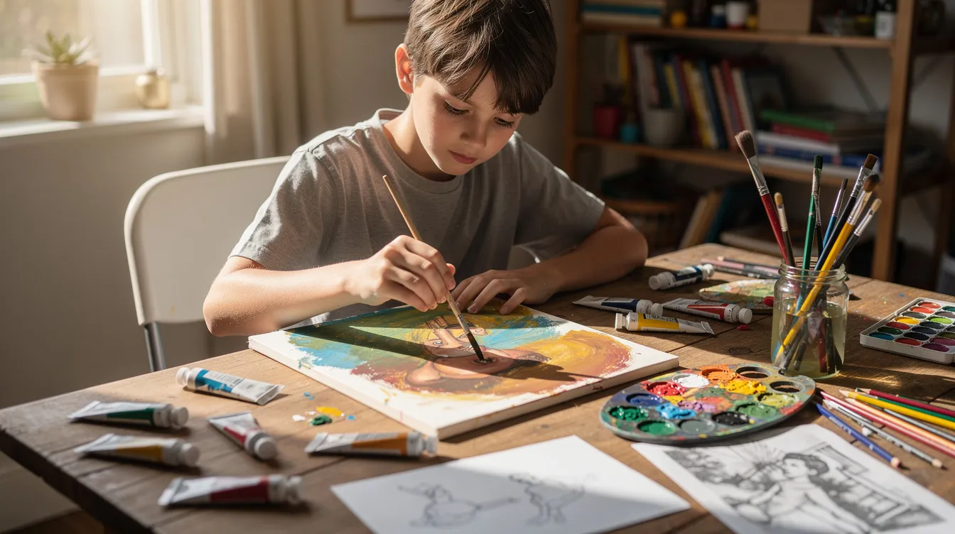 A teenager is focused on painting at a table surrounded by various art supplies, displaying intense emotions through their creative process. This scene reflects the importance of healthy coping skills for managing anger and emotional struggles often experienced during adolescence.