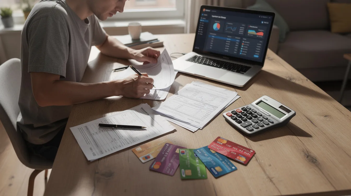 A person is seated at a desk, meticulously reviewing financial documents while surrounded by a calculator and multiple credit cards, indicating a focus on managing their financial状况. The scene reflects a typical environment for assessing loans and repayment plans, highlighting the importance of清 數 and effective budgeting.