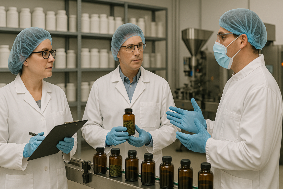 Team of supplement manufacturing professionals discussing GMP compliance and audit procedures in production facility