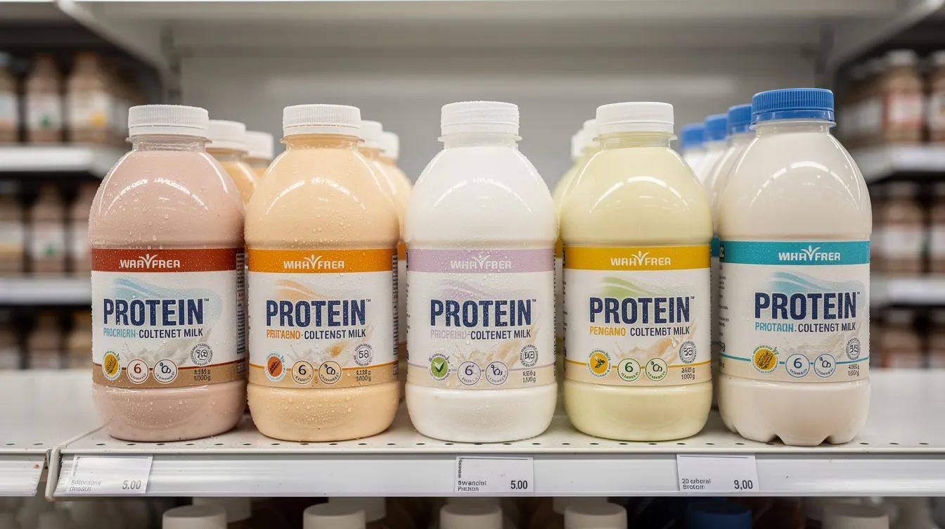 The image showcases an array of assorted protein-enriched milk beverages in various bottle sizes neatly arranged on a retail shelf, highlighting options like flavored milk drinks and protein shakes that cater to health-conscious individuals. This display reflects the rising demand for nutritious dairy proteins, emphasizing quality control and the importance of packaging materials in the beverage industry.