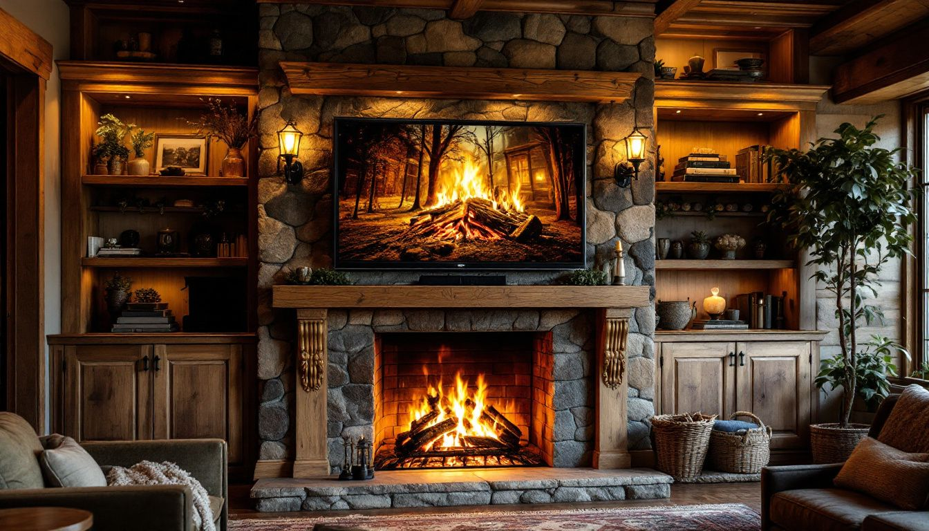 A beautifully designed media wall featuring a built-in fireplace.