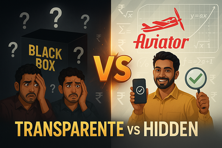 Side-by-side comparison showing traditional casino black box versus transparent Aviator provably fair system