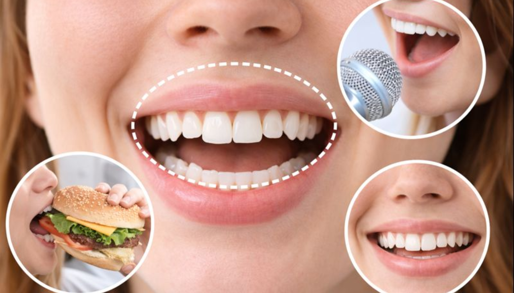 Nærbilde av fortenner med innfelt bilder av tale, bitt i burger og smil som viser tannens funksjoner.