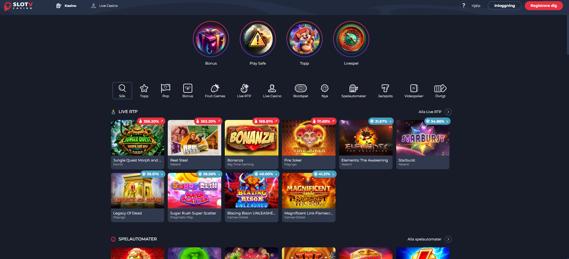 SlotV Casinos startsida med spelkategorier, Live RTP och spelautomater.